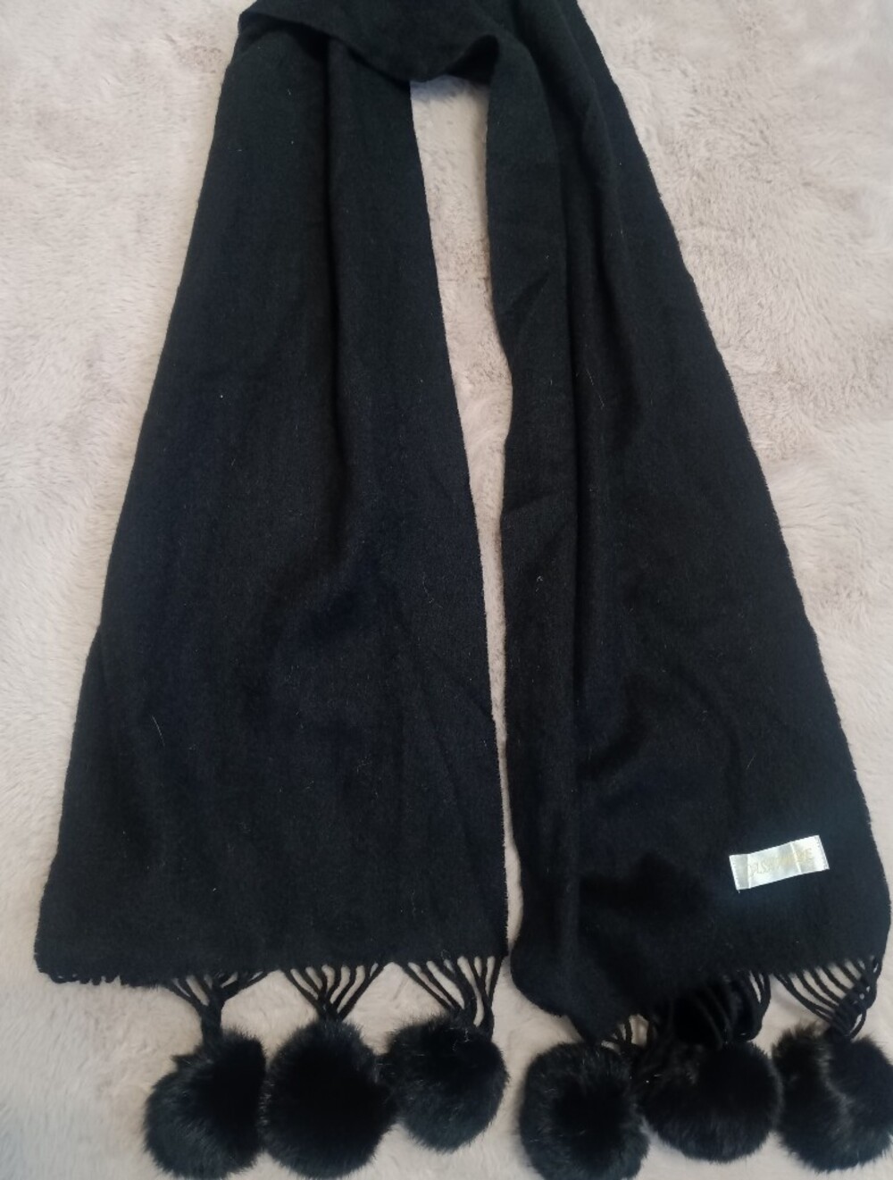 Luxurious 100% Cashmere Black Knit Scarf with Oversized Faux Fur Pom-Poms